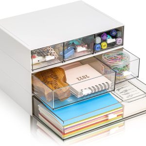 Lyellfe 3 Tier Desk Organizer with Drawer, Stackable Desktop Storage Box, Clear Plastic Office Supplies Jewelry Storage Case, Makeup and Stationary Organizer for Cosmetic, School Supply