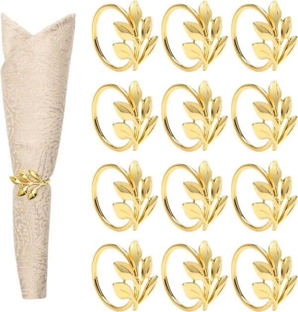 Coitak Gold Napkin Rings, 12 PCS Metal Spiral Napkin Rings, Napkin Holders Buckles for Wedding, Dinner Party, Table Decorations (Gold leaf)