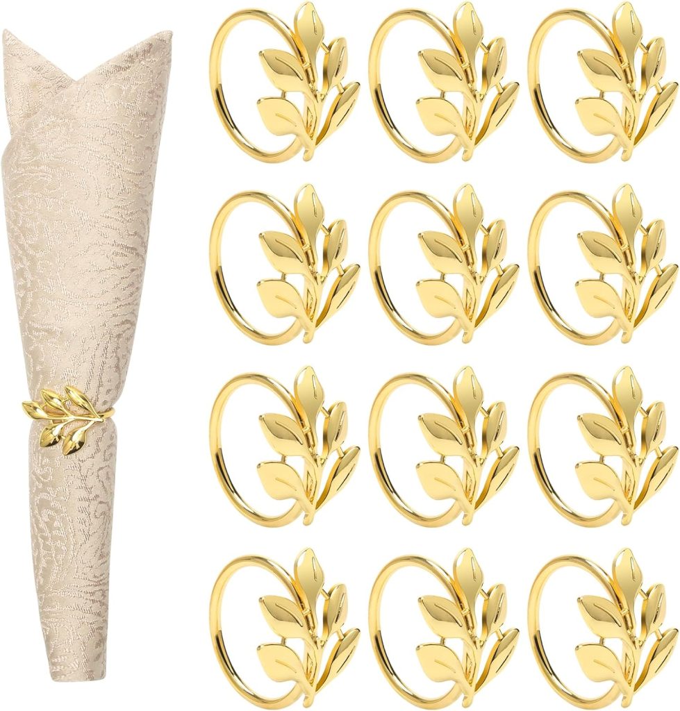 Coitak Gold Napkin Rings, 12 PCS Metal Spiral Napkin Rings, Napkin Holders Buckles for Wedding, Dinner Party, Table Decorations (Gold leaf)