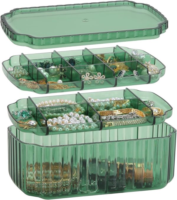 LETURE 3-Layer Jewelry Organizer Box for Earrings, Rings, Necklaces, Bracelets, Clear Plastic Bead Storage Containers for Crafts (Green) - Image 2