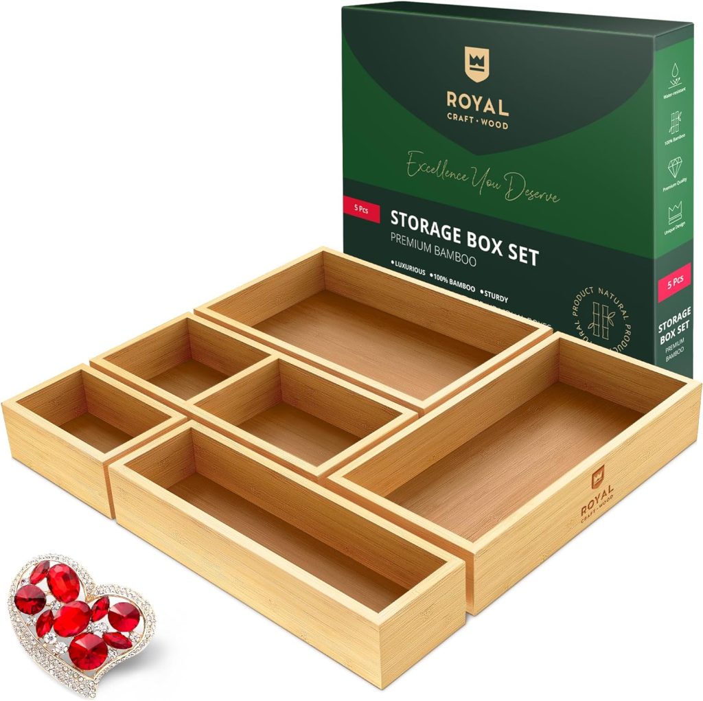 ROYAL CRAFT WOOD Luxury Bamboo Drawer Organizer Storage Box, Bin Set - Multi-Use Drawer Organizer for Kitchen, Bathroom, Office Desk, Makeup, Jewelry (5 Boxes)