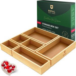 ROYAL CRAFT WOOD Luxury Bamboo Drawer Organizer Storage Box, Bin Set - Multi-Use Drawer Organizer for Kitchen, Bathroom, Office Desk, Makeup, Jewelry (5 Boxes)
