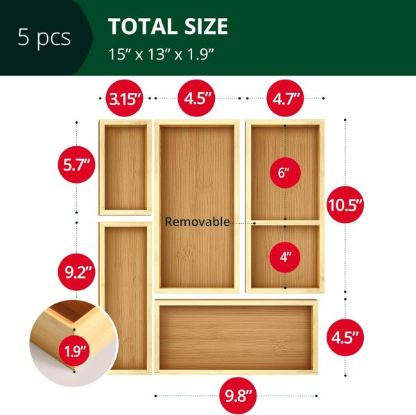 ROYAL CRAFT WOOD Luxury Bamboo Drawer Organizer Storage Box, Bin Set - Multi-Use Drawer Organizer for Kitchen, Bathroom, Office Desk, Makeup, Jewelry (5 Boxes) - Image 2
