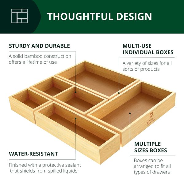 ROYAL CRAFT WOOD Luxury Bamboo Drawer Organizer Storage Box, Bin Set - Multi-Use Drawer Organizer for Kitchen, Bathroom, Office Desk, Makeup, Jewelry (5 Boxes) - Image 4