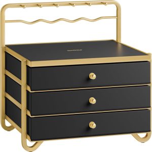SONGMICS 3-Tier Jewelry Box, Drawer Jewelry Organizer, with Open Storage, Hanging Rack, for Vanity Table, Metal Frame, 8.1 x 8.9 x 9.3 Inches, Gift Idea, Ink Black UJBC168B01
