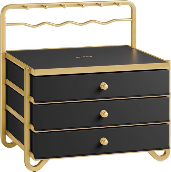 SONGMICS 3-Tier Jewelry Box, Drawer Jewelry Organizer, with Open Storage, Hanging Rack, for Vanity Table, Metal Frame, 8.1 x 8.9 x 9.3 Inches, Gift Idea, Ink Black UJBC168B01