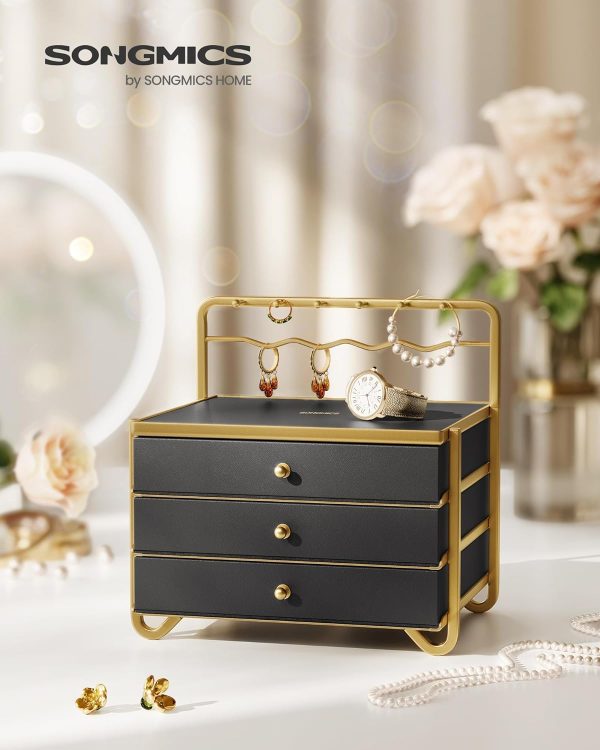 SONGMICS 3-Tier Jewelry Box, Drawer Jewelry Organizer, with Open Storage, Hanging Rack, for Vanity Table, Metal Frame, 8.1 x 8.9 x 9.3 Inches, Gift Idea, Ink Black UJBC168B01 - Image 2