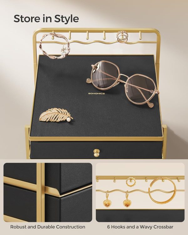 SONGMICS 3-Tier Jewelry Box, Drawer Jewelry Organizer, with Open Storage, Hanging Rack, for Vanity Table, Metal Frame, 8.1 x 8.9 x 9.3 Inches, Gift Idea, Ink Black UJBC168B01 - Image 3