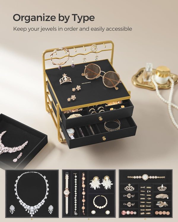 SONGMICS 3-Tier Jewelry Box, Drawer Jewelry Organizer, with Open Storage, Hanging Rack, for Vanity Table, Metal Frame, 8.1 x 8.9 x 9.3 Inches, Gift Idea, Ink Black UJBC168B01 - Image 4