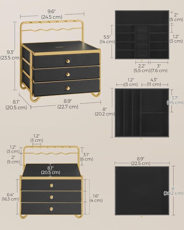 SONGMICS 3-Tier Jewelry Box, Drawer Jewelry Organizer, with Open Storage, Hanging Rack, for Vanity Table, Metal Frame, 8.1 x 8.9 x 9.3 Inches, Gift Idea, Ink Black UJBC168B01 - Image 5