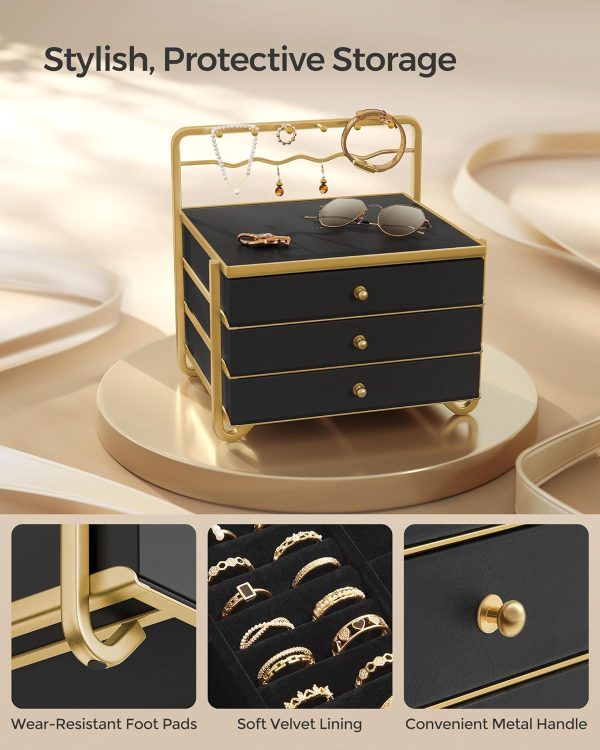 SONGMICS 3-Tier Jewelry Box, Drawer Jewelry Organizer, with Open Storage, Hanging Rack, for Vanity Table, Metal Frame, 8.1 x 8.9 x 9.3 Inches, Gift Idea, Ink Black UJBC168B01 - Image 6