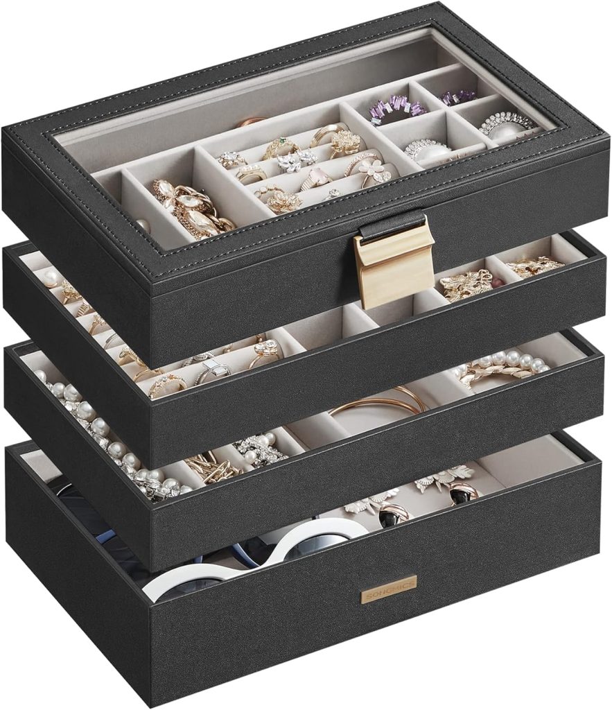 SONGMICS Stackable Jewelry Trays, 4-Tier Jewelry Box, Drawer Jewelry Organizer, with Glass Lid, Removable Dividers, for Vanity Table, 6.7 x 11 x 7.2 Inches, Gift Idea, Ink Black UJBC164B01