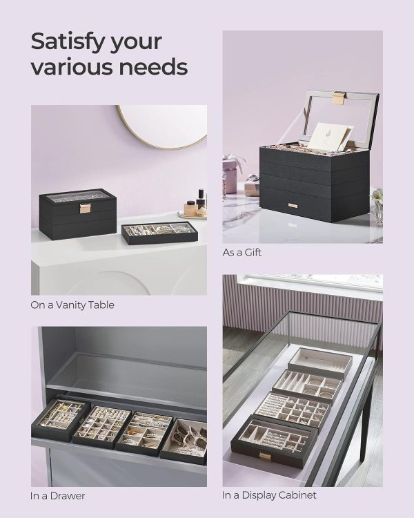 SONGMICS Stackable Jewelry Trays, 4-Tier Jewelry Box, Drawer Jewelry Organizer, with Glass Lid, Removable Dividers, for Vanity Table, 6.7 x 11 x 7.2 Inches, Gift Idea, Ink Black UJBC164B01 - Image 7