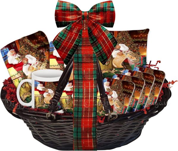 The Ultimate Dog Lover Christmas Basket Santa Sleeping with Savannah Cats Blanket, Pillow, Coasters, Magnet Coffee Mug and Ornament